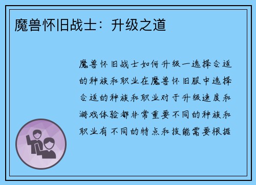 魔兽怀旧战士：升级之道
