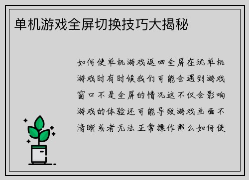 单机游戏全屏切换技巧大揭秘