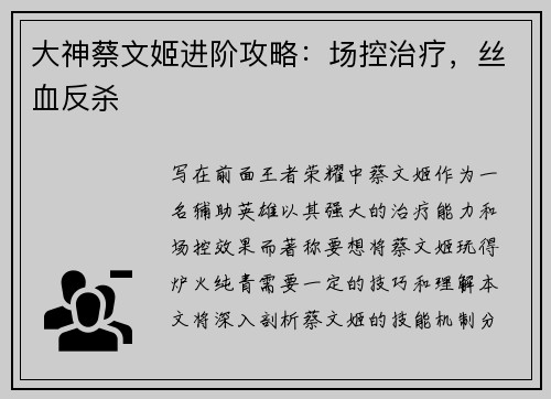 大神蔡文姬进阶攻略：场控治疗，丝血反杀
