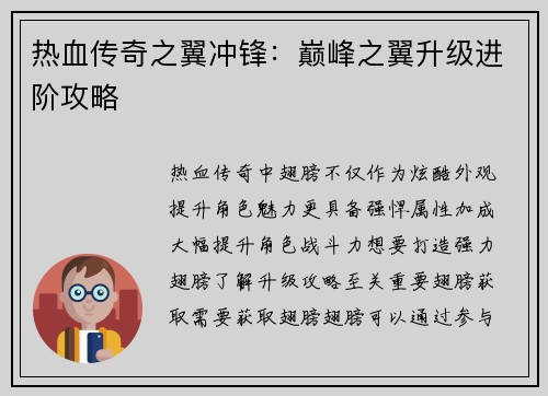 热血传奇之翼冲锋：巅峰之翼升级进阶攻略